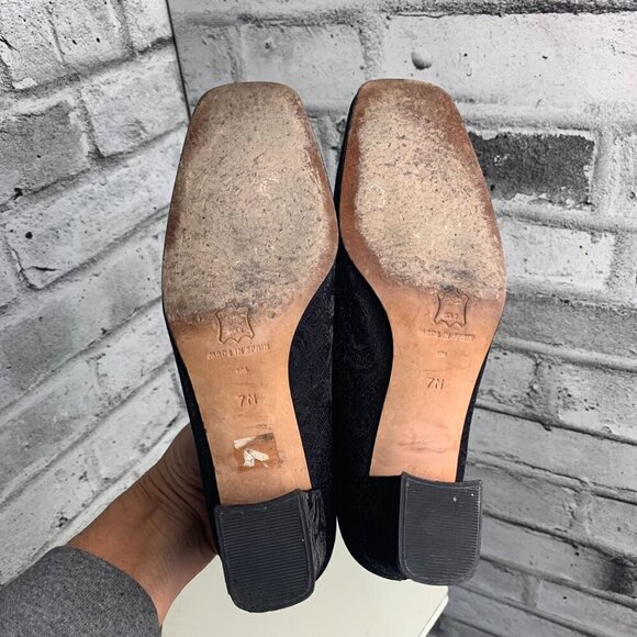 Enzo Angiolini Square Toe Mid Low Block Heel Black Floral Fabric Leather Pump - Picture 8 of 10